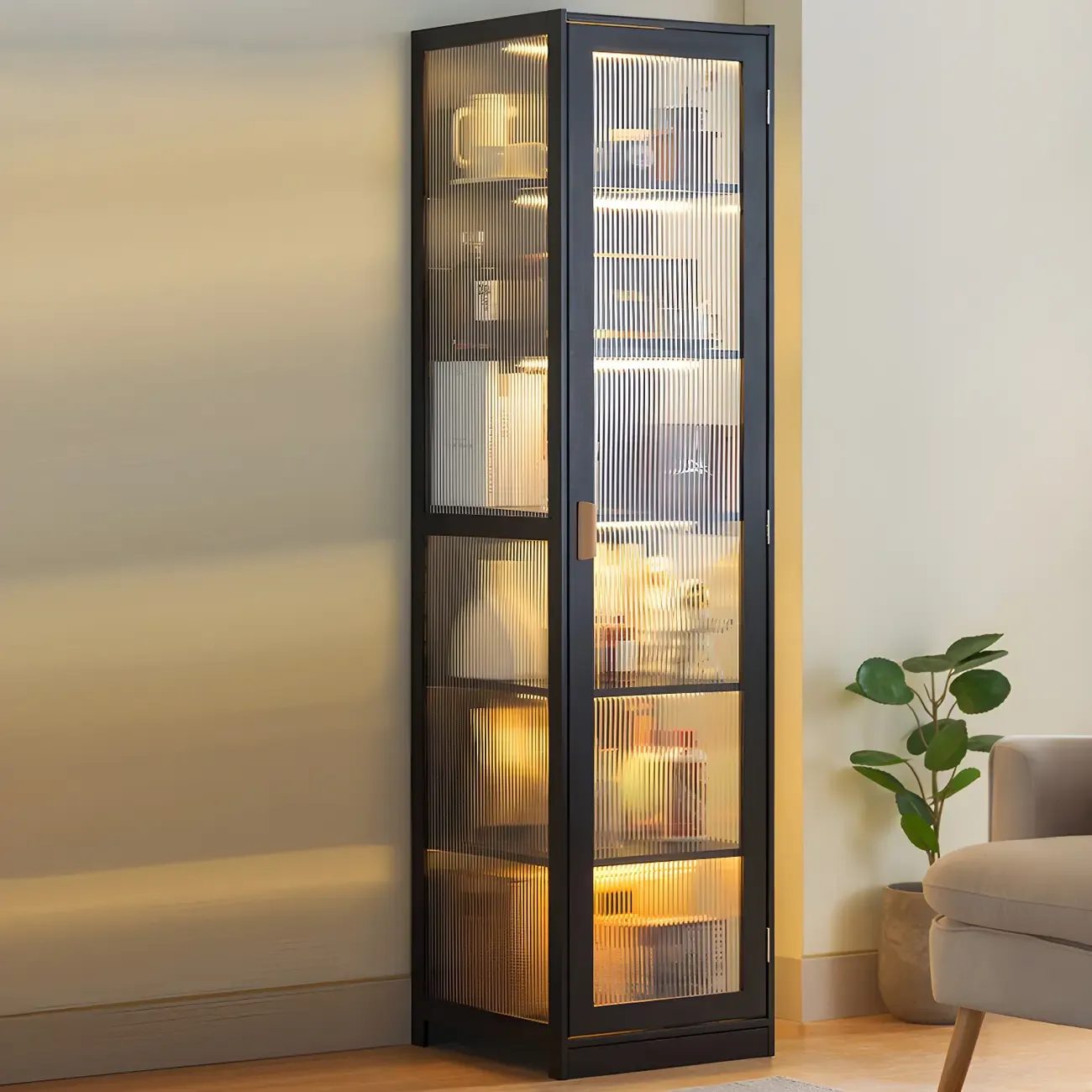 Narrow Adjustable Scandinavian Bamboo Glass Curio Cabinet