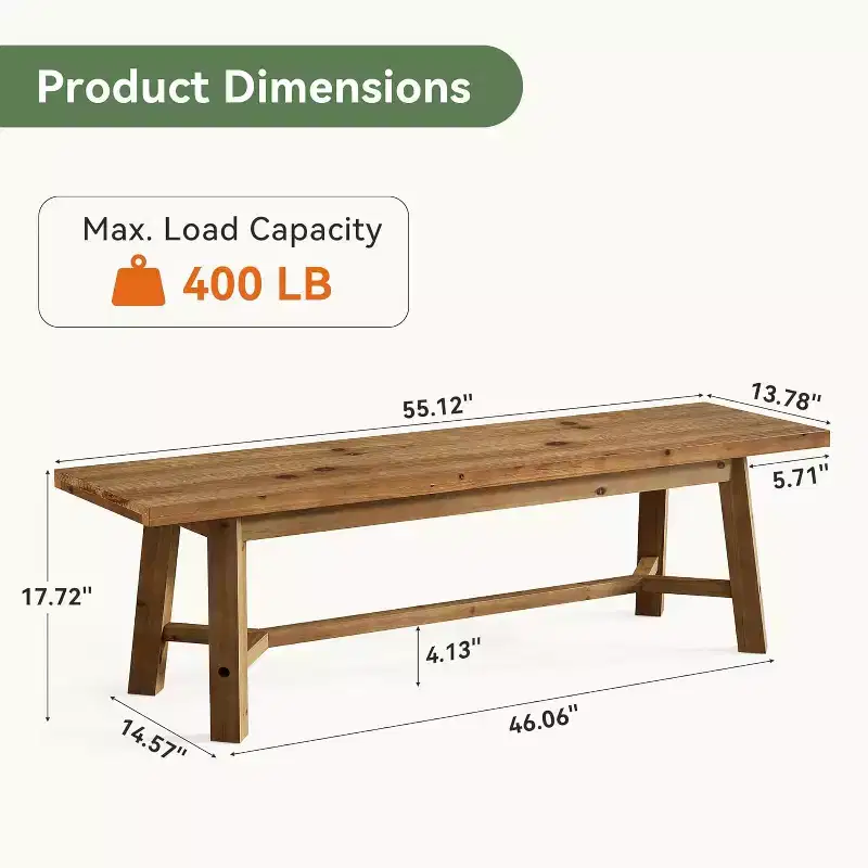 Lantine 55 Solid Wood Bench, Farmhouse Long Bench Seat for Entryway, Dining Room, Living Room, Solid Wood, Rustic Brown