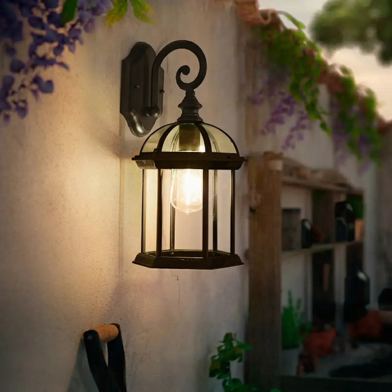 Modern Black Metal Outdoor Wall Light Clear Glass Lantern