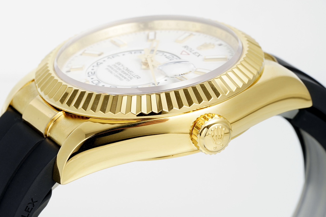 Side profile of the gold replica Sky-Dweller showing the crown and case thickness