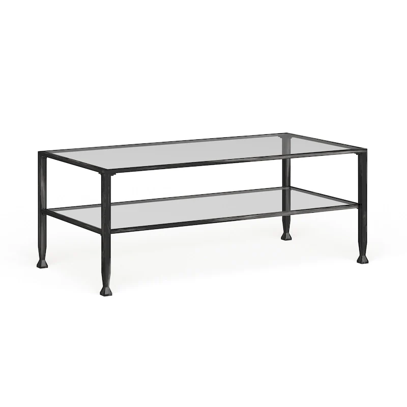 Black Rectangle Metal Coffee Table with Glass Top and Bottom Shelf