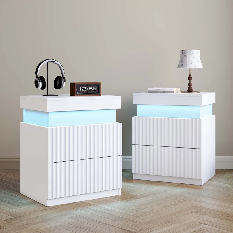JASIWAY LED Night Stand Bedside Table with Charging Station- Set of 2