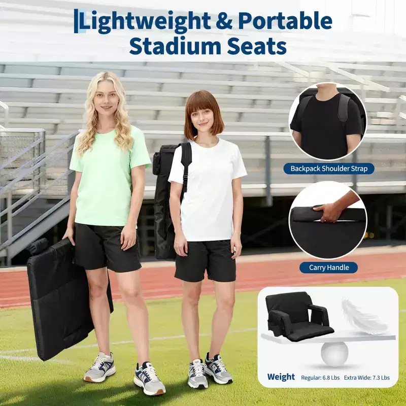 Stadium Seats with Back Support and Padded Cushion, Extra Wide Bleacher Chair with Anti-Slip Mat, 6 Adjustable Angle, Large Pocket, Cup Holders, Black