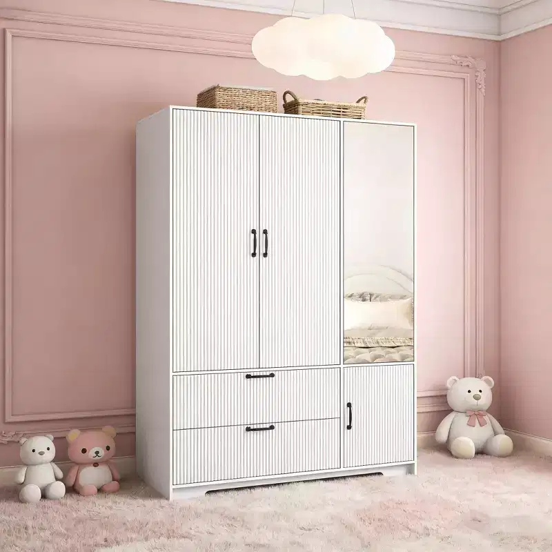 JVNOXK 4 Doors White Wardrobe Closet with Mirror, LED Lights, 2 Drawers, Hanging Rod & Adjustable Shelves, Wooden Bedroom Storage Cabinet