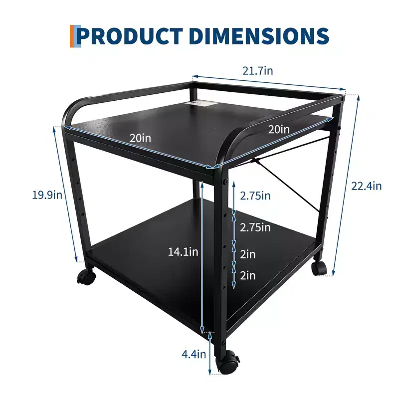 20 Large Printer Stand with Wheels, 2 Tier Under Desk Printer Table with Height Adjustable Shelf, Rolling Printer Cart for Home Office Storage