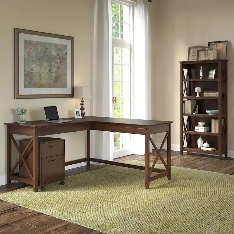 60W L-Shaped Home Office Desk Set with File Cabinet & Bookcase – Multiple Colors