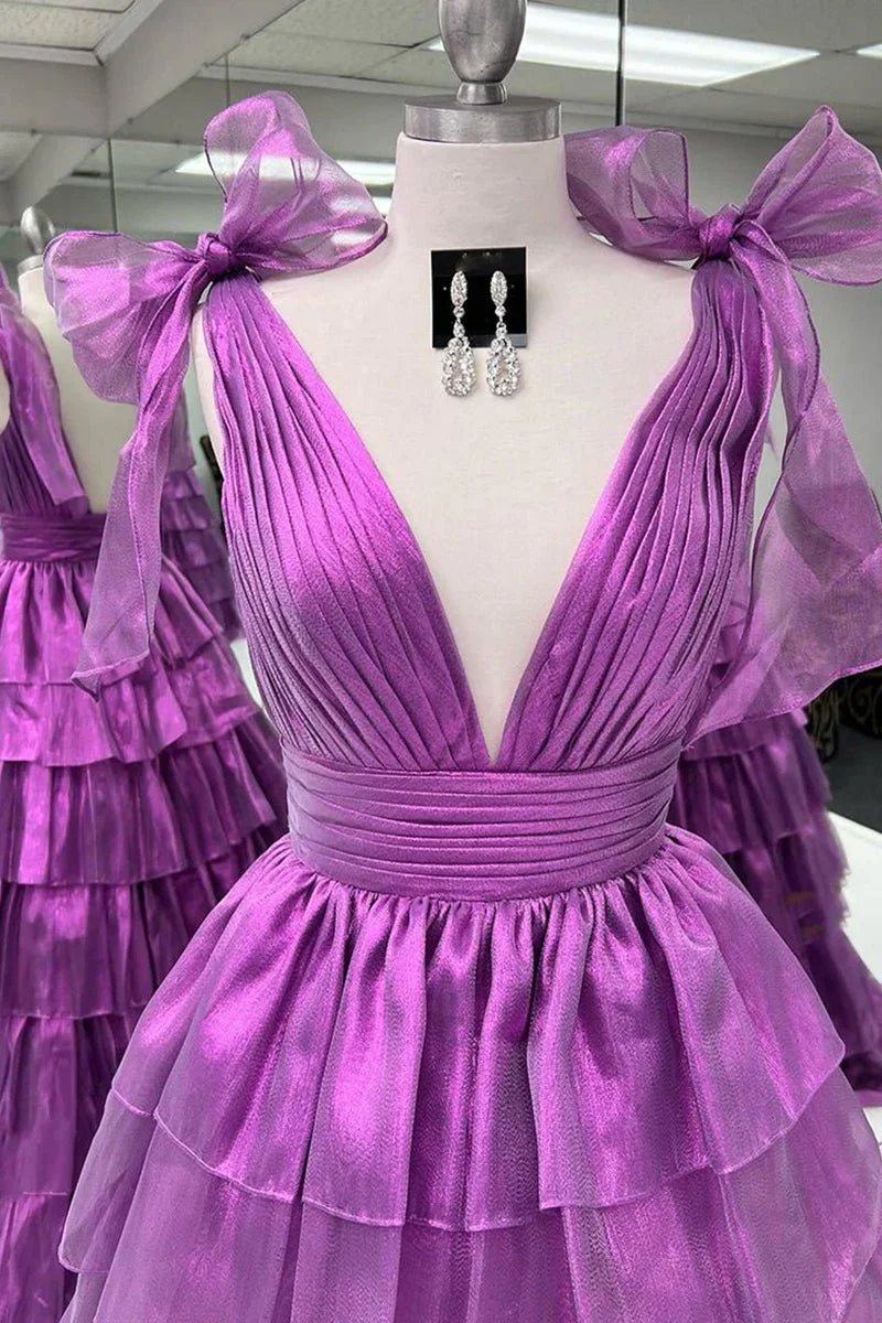 Glitter Tie Straps Pink Plunging Neck Tiered Long Prom Dress