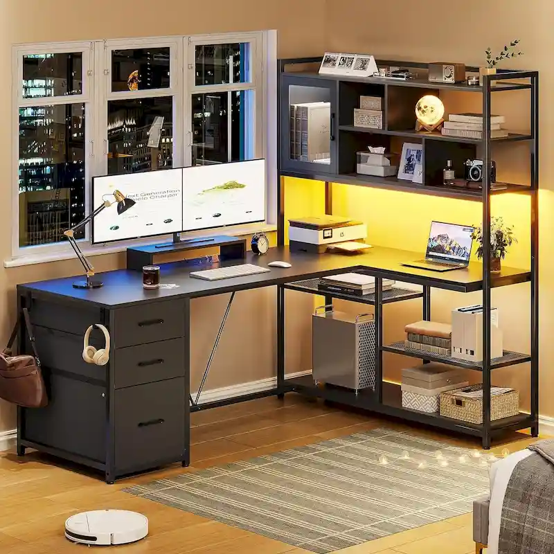 L-Shaped Corner Desk with Drawers, Bookshelf and LED Light Strip