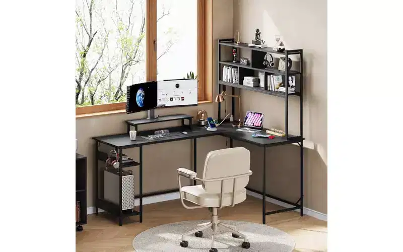 DEXYLLO L Shaped Gaming Desk with Hutch, Reversible Computer Desk with LED Light, 3-Tier Shelves, 2 AC+2 USB Outlet and Monitor Stand