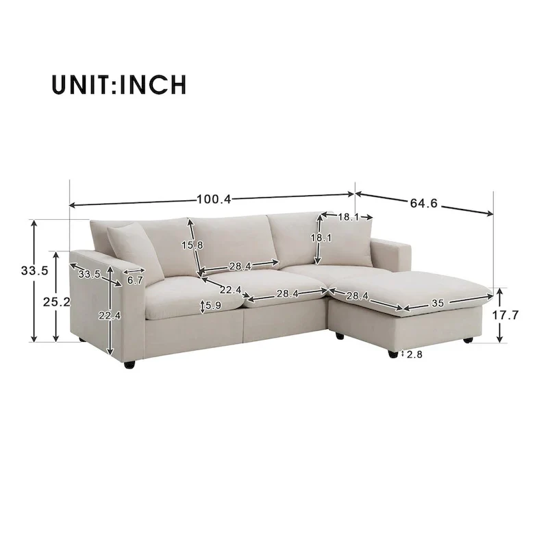 L-shaped Modern Sectional Sofa, 2 Free pillows,4-seat Polyester Fabric Couch Set,Ottoman,Beige
