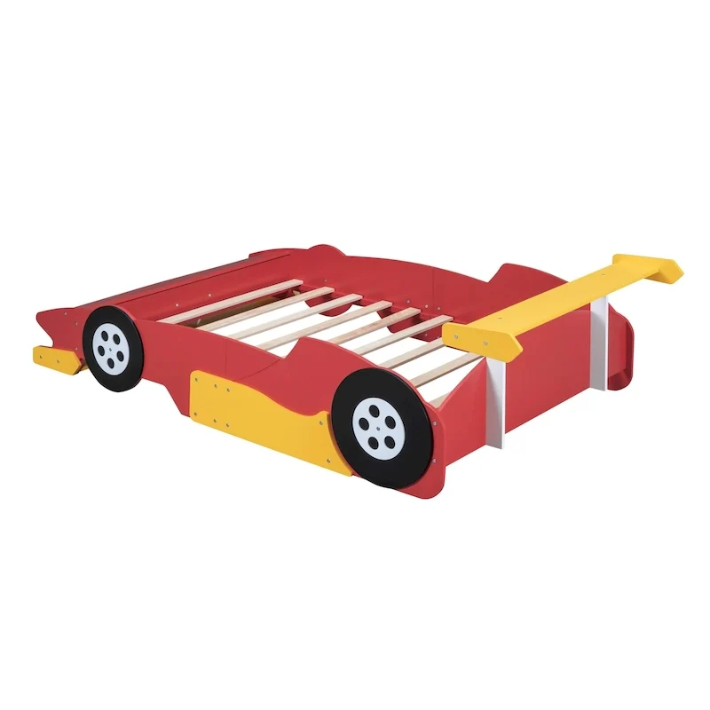 Full Size Race Car Platform Bed with Wheels – Pine, Plywood & MDF, Safety Rails, 2 Colors, Kids Bedroom