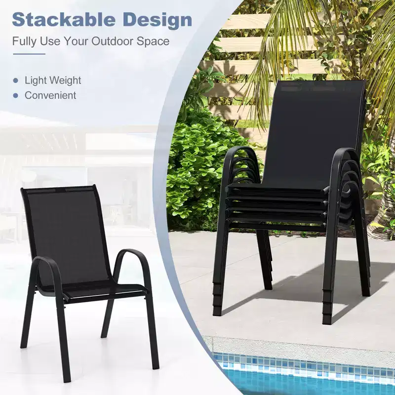 Costway 4PCS Patio Stacking Dining Chairs w/ Curved Armrests & Breathable Seat Fabric