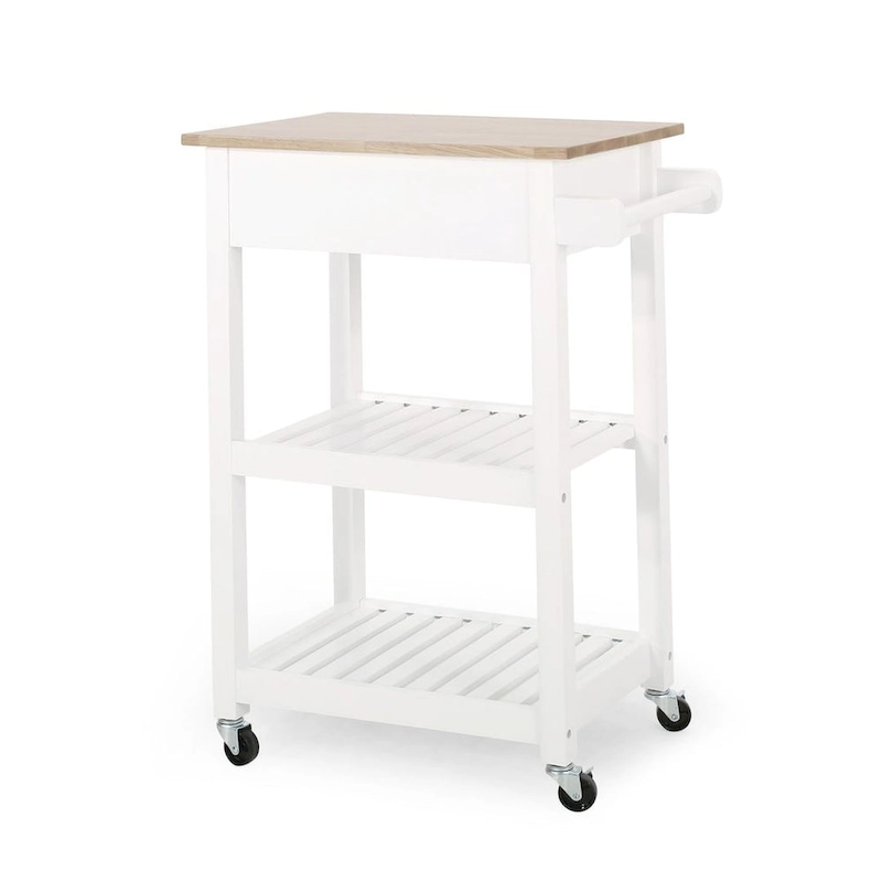 Compact Wooden Kitchen Cart with Wheels Shelves and Drawer by
