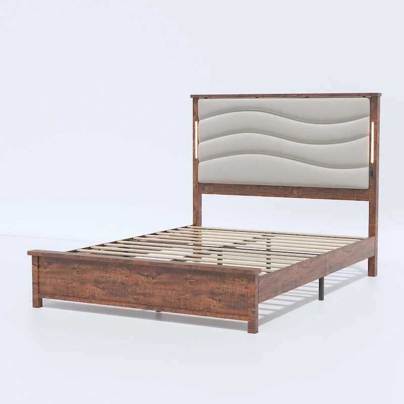 King Bed Frame with Upholstered Headboard, Charging Station, LED Lights, Wood Slats, No Box Spring Needed, Easy Assembly