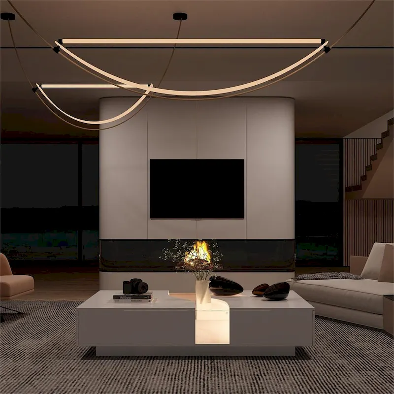 White Modern Coffee Table with Glass Top and LED Lights