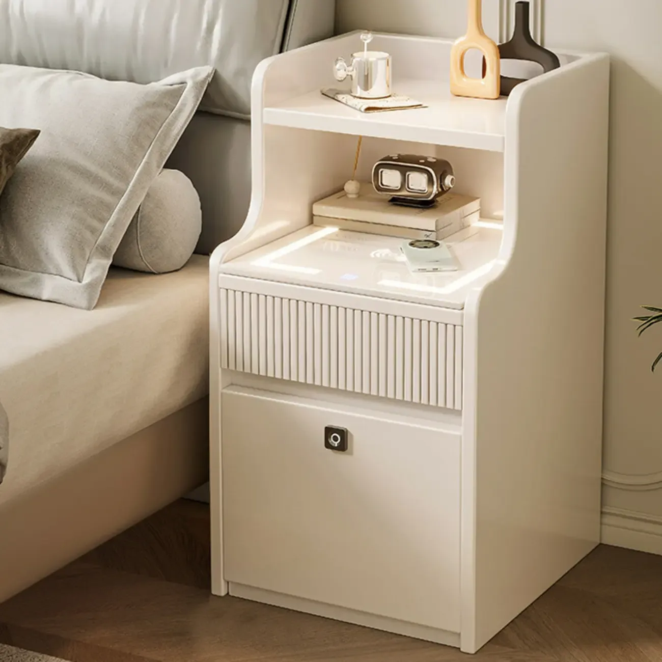 Smart Versatile White Wood Nightstand with Fingerprint Lock