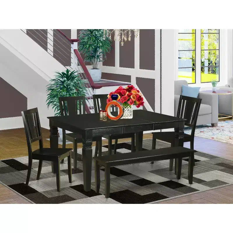 HomeStock 6-Piece Rectangle Black Finish Solid Wood Top dining Table with 1 Bench and 4 Chairs