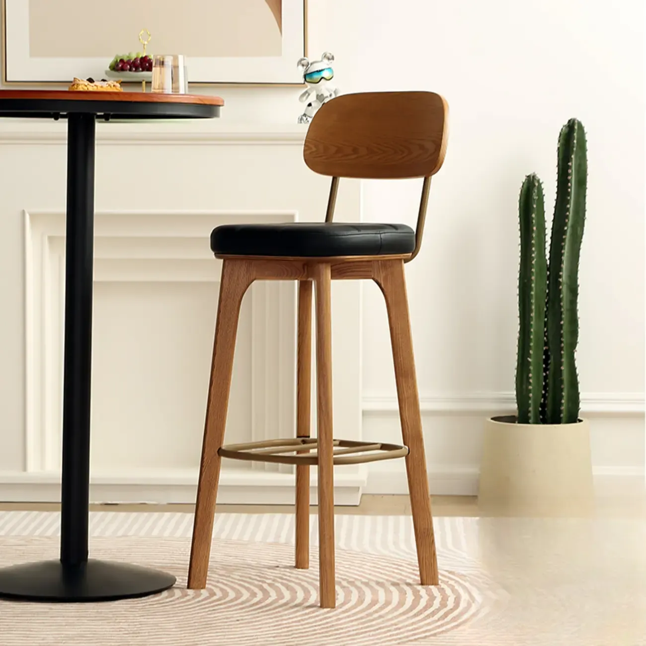 Wooden Square Leather Upholstered Bar Stool with Backrest