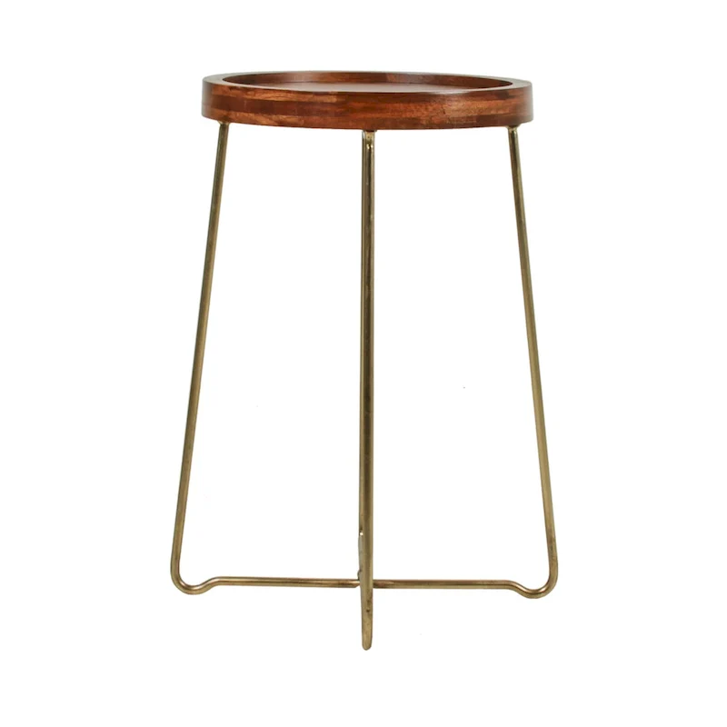 Gold Iron And Natural Wood Round Accent Table by East at Main