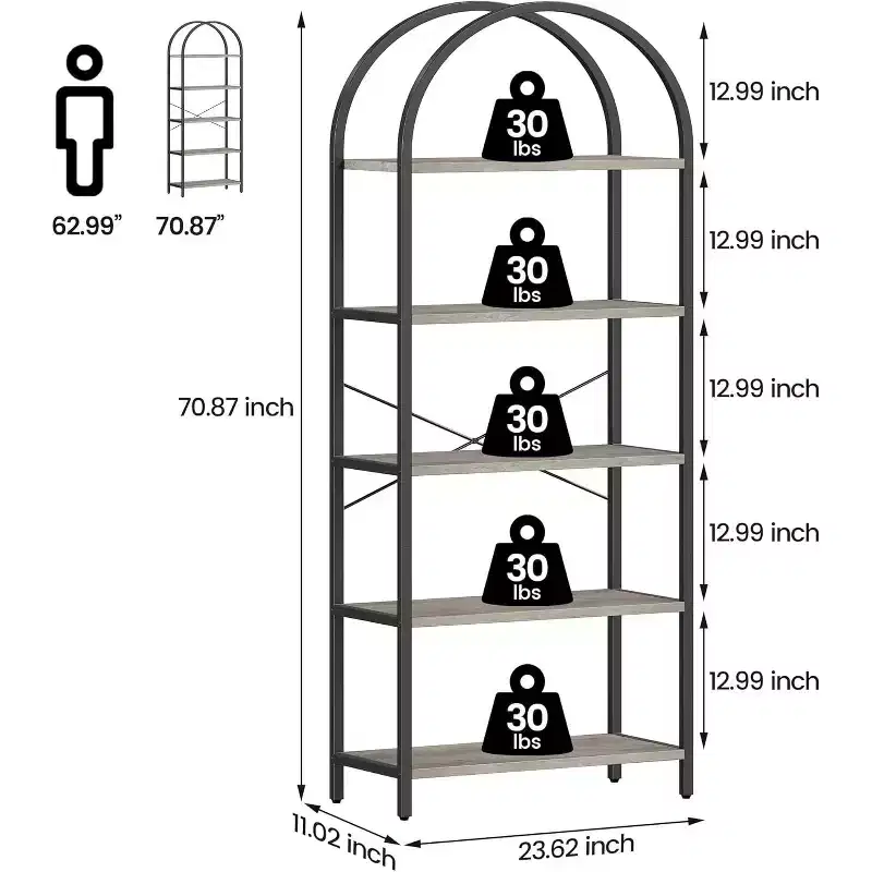 Arched Bookshelf 5-Tier Open Bookcase, Golden Frame White Board Metal Frame, Freestanding Storage Shelves for Bedroom Living Room Home Office