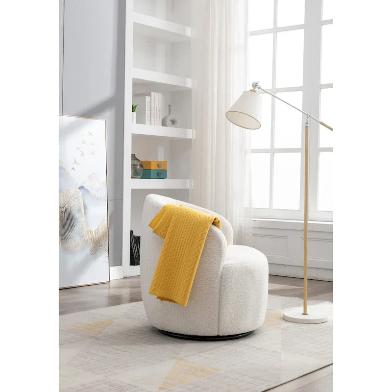 Teddy Fabric Swivel Barrel Accent Chair with Black Metal Base