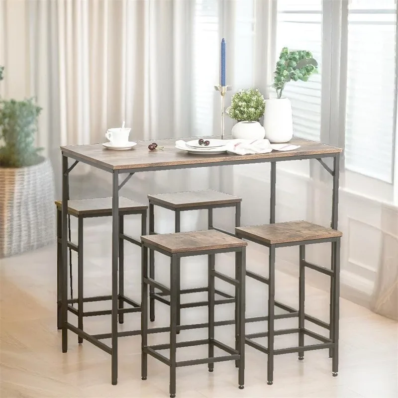 Wood Dining Table Set with Bar Table and 4 Stools Set(Set of 5)