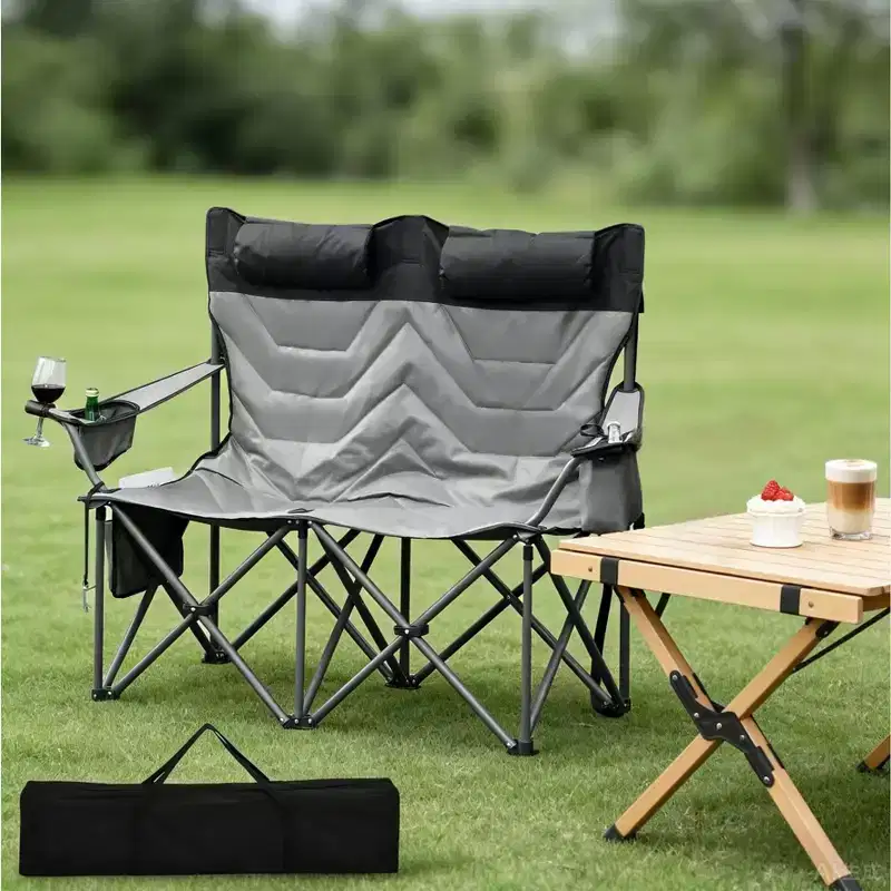 Acekool Grey Double Camping Chair with Armrests and Storage Pockets