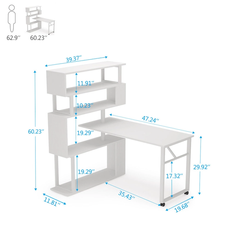 L-Shaped Rotating Computer Desk with Bookshelf