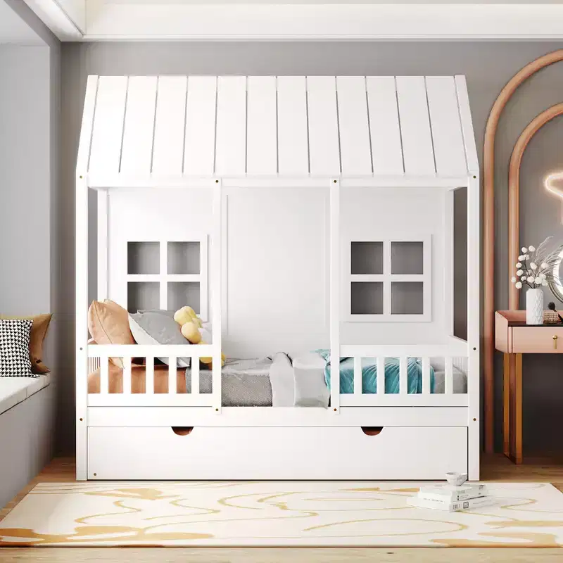 Twin/Full House Bed with Trundle, Wood Kids House Bed Frame with Roof and Windows, Playhouse Bed Frame for Boys & Girls, White
