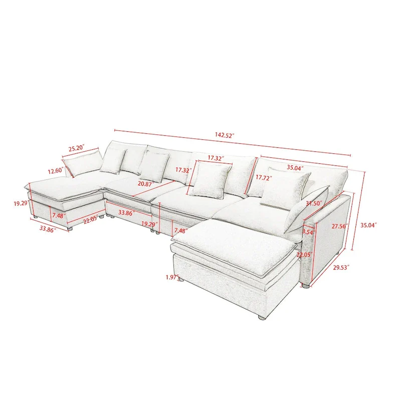 White 142.52  U-Shaped 6 Seater Sectional Sofa with Convertible Chaise and Ottomans, Spacious Cloud Couch