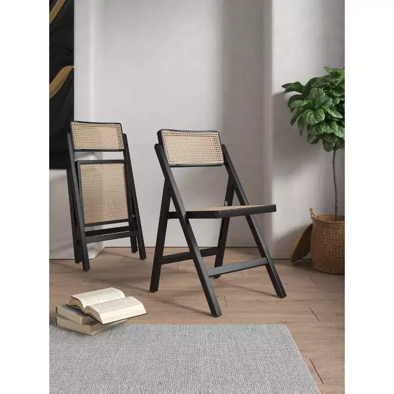 Set of 4 Pullman Cane Folding Dining Chairs Black/Natural - Manhattan Comfort: Solid Wood, No Assembly Required, Matte Finish