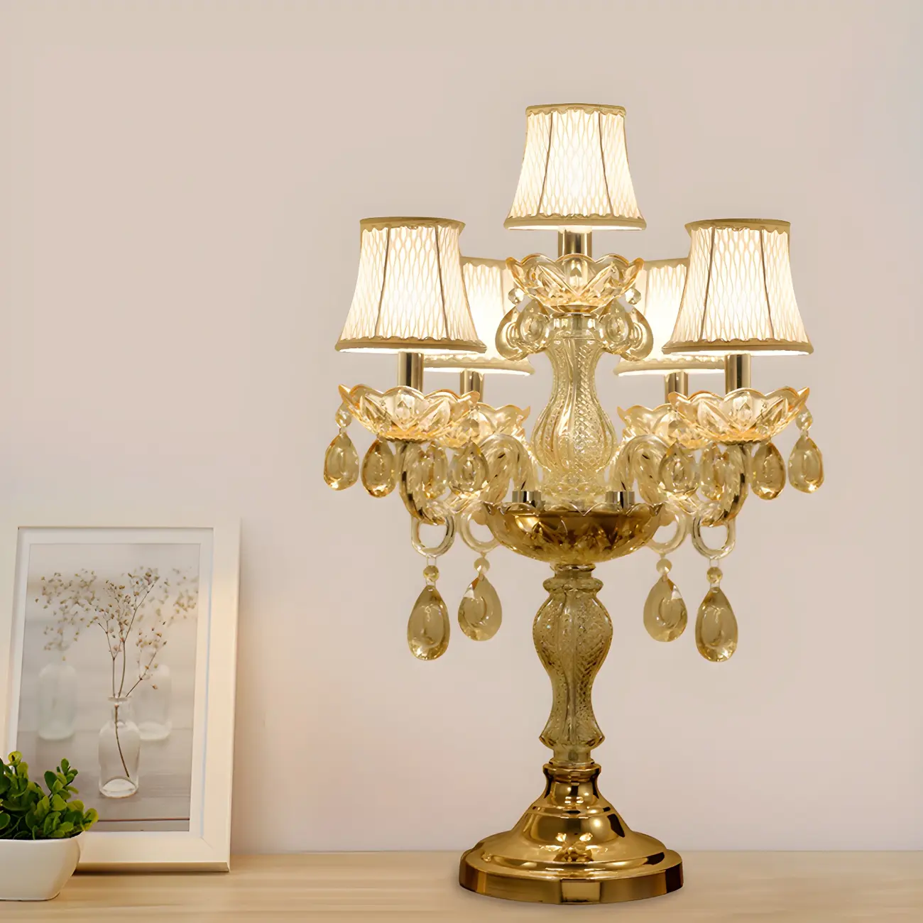Luxury Gold Multi-Light Crystal Candelabra Table Lamp