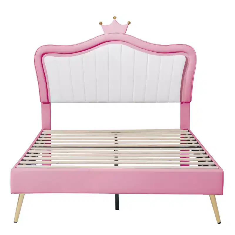 Bellemave Crown Headboard Full Size Princess Bed for Girls,Upholstered Full Bed Frame with LED Lights for Kids,Pink