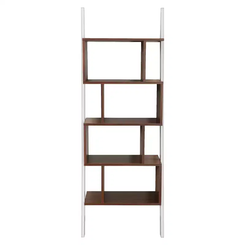 White & Walnut 5-Shelf Ladder Bookcase – 1 Person Assembly