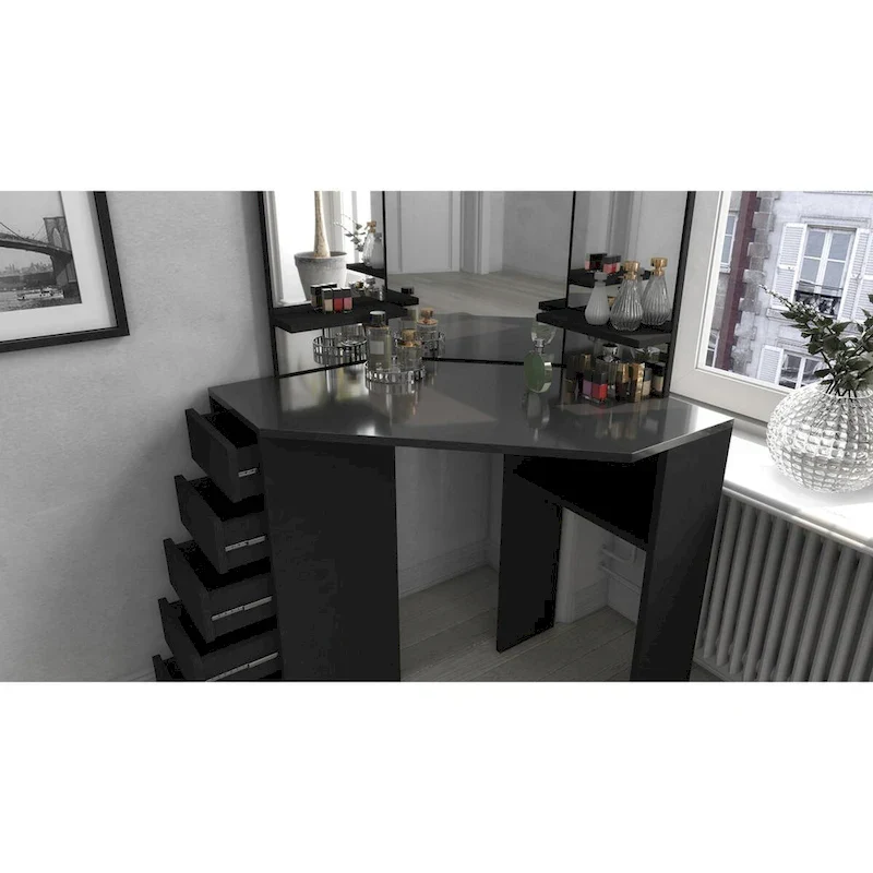 Corner Makeup Vanity - Black - 3-Panel Mirror with Storage