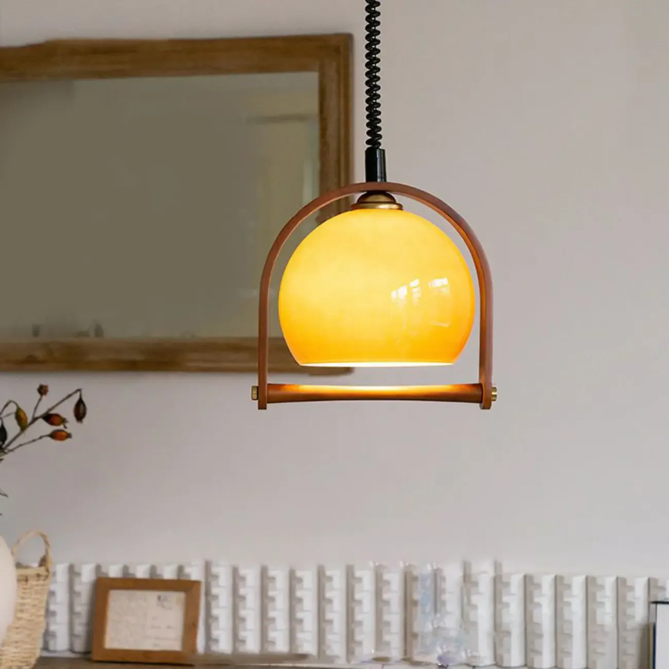 Coffee Glass Wood Dome Adjustable Pendant Light