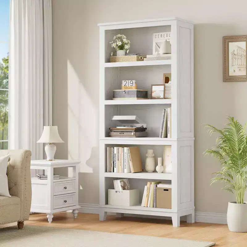 Wooden Bookcase 5 Tier Storage Bookshelf Farmhouse Bookshelves Rustic Vintage Etagere for Home Office,Living Room,Bed Room,White