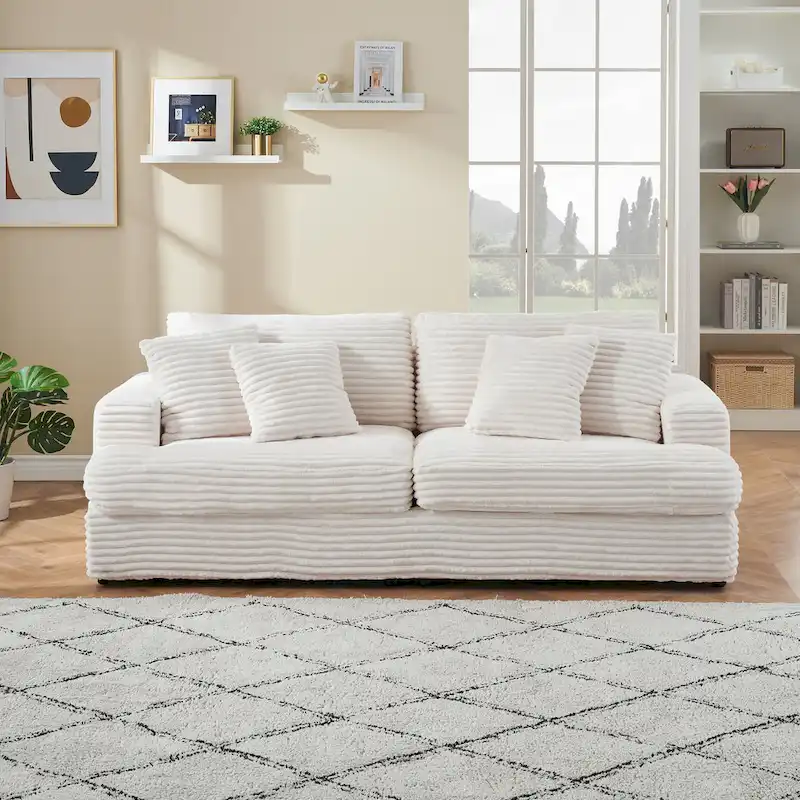 79.3  Corduroy 3-seater Sofa with Toss Pillows and Spring Cushion