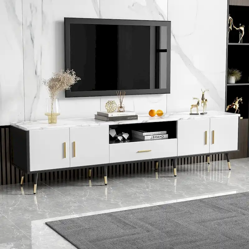 White and Black / Black MDF TV Stand with Cabinet Doors and Open Shelves – 70.8 in, Fits up to 80 in TV