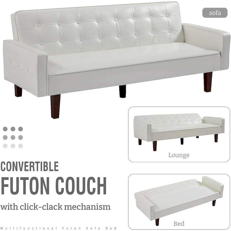Faux Leather Futon Sofa Bed Sleeper Couch, Mid Century Button Tufted Upholstered Convertible Sofa Bed with Wooden Legs