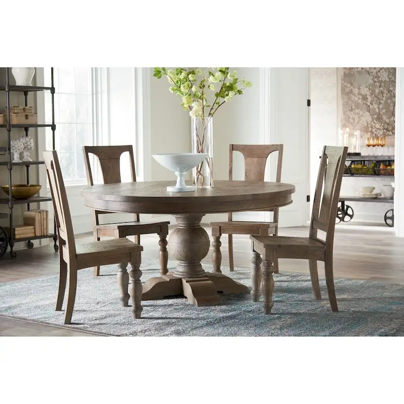 Brown Weathered Teak Round Dining Table, Solid Mango Wood Pedestal Base, Seats 4, 42 Inch