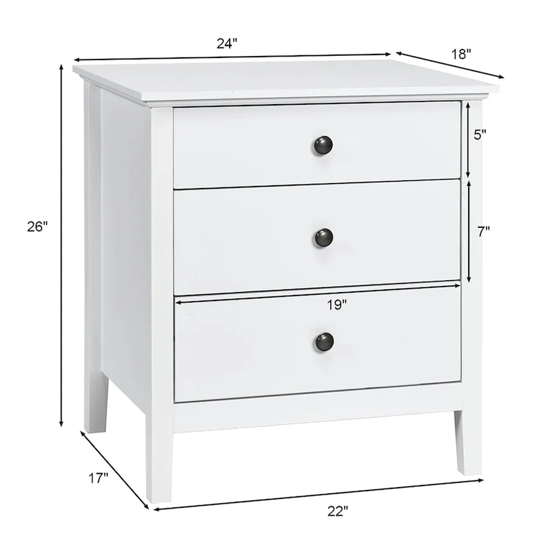 Modern Nightstand with 3 Drawers Solid Structure Beside Accent Table