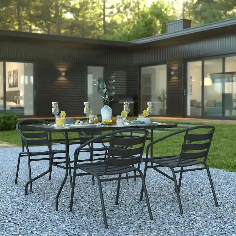 5 Piece Patio Dining Set - Glass Table, 4 Flex Stack Chairs