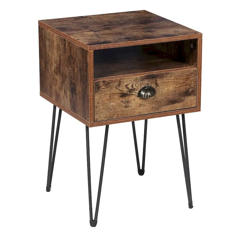 Modern Mid Century 1-Drawer Hairpin Nightstands, Brown/Blue/Black/Yellow, Four Options