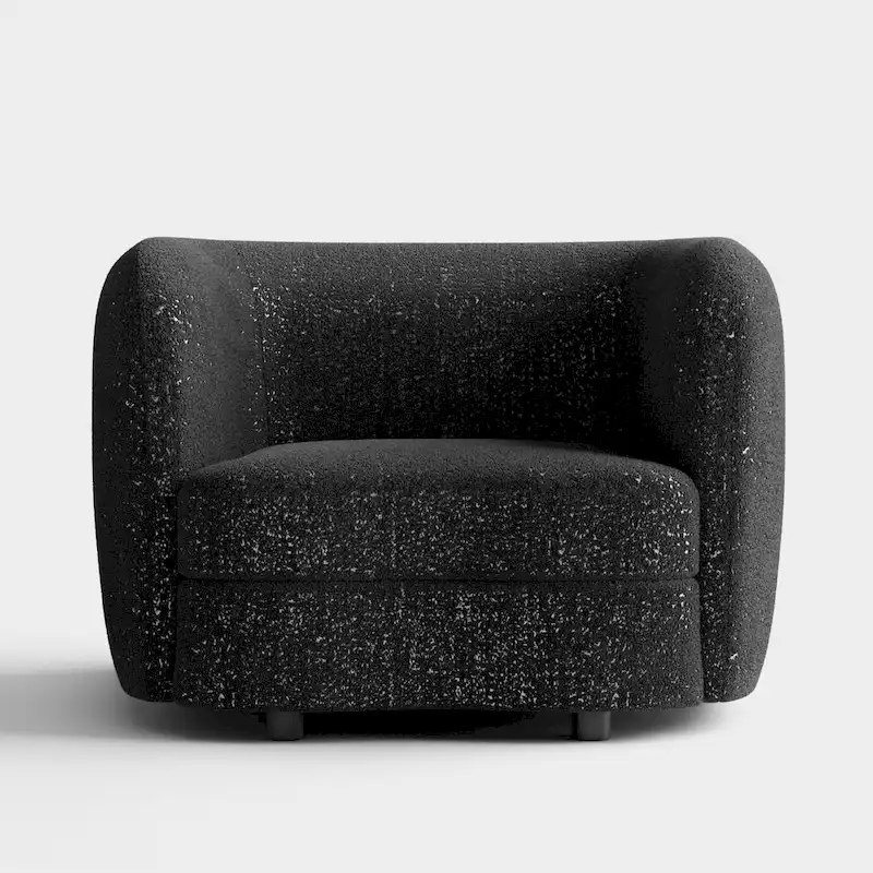 Modern Boucle Accent Chair with Curved Arms, Kidney Seat & Round Wood Legs