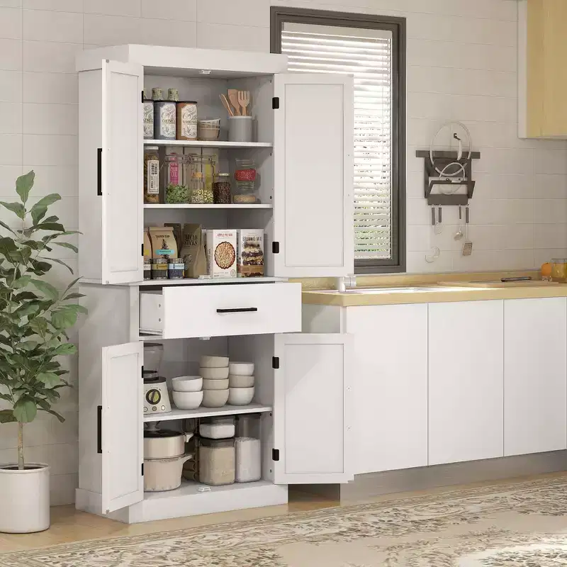 HOMCOM 72 Tall Kitchen Pantry Storage Cabinet, Farmhouse Freestanding Kitchen Cabinet with Barn Doors, Drawer and Adjustable Shelves, White