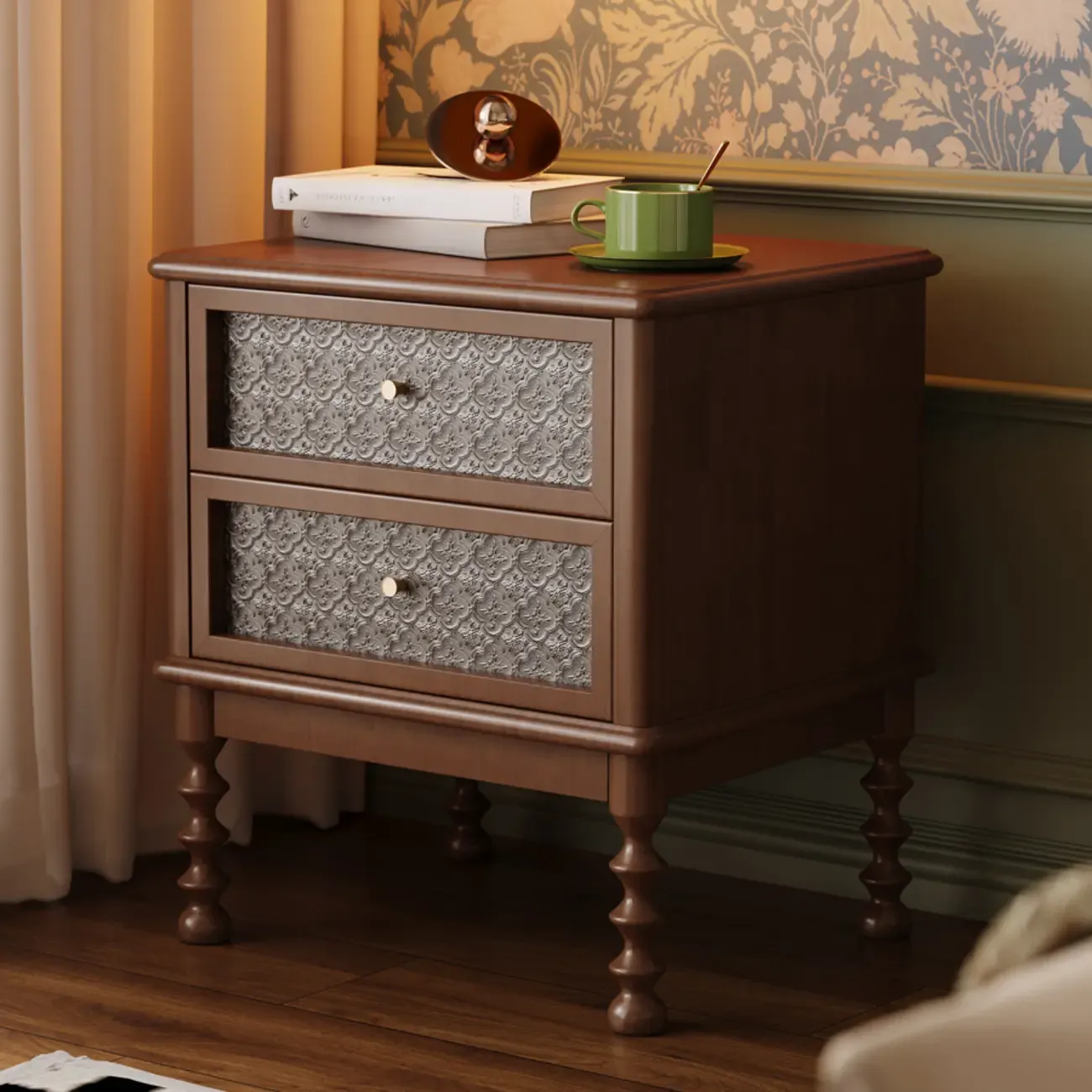 Vintage Solid Wood Patterned Finish Drawers Bedside Nightstand