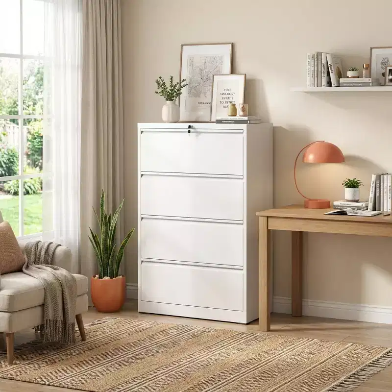 VIYET 52H 4-Drawer Lateral File Cabinet with Lock, White Lockable Metal Filing Cabinet for Home Office, Fits Legal/Letter/A4/F4