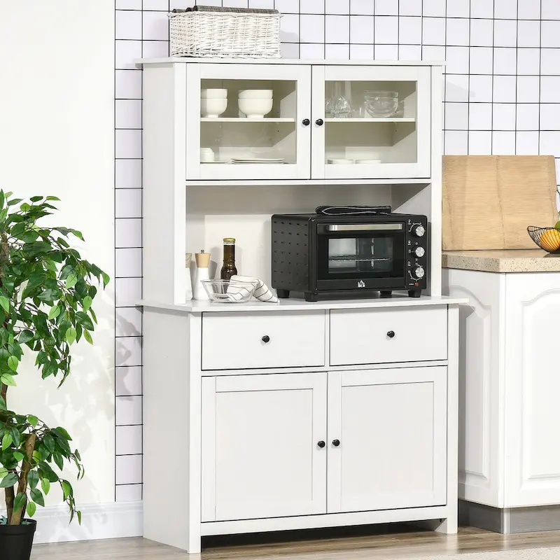HOMCOM 63.5 Kitchen Buffet with Hutch, Pantry Storage Cabinet with 4 Shelves, Drawers, Framed Glass Doors