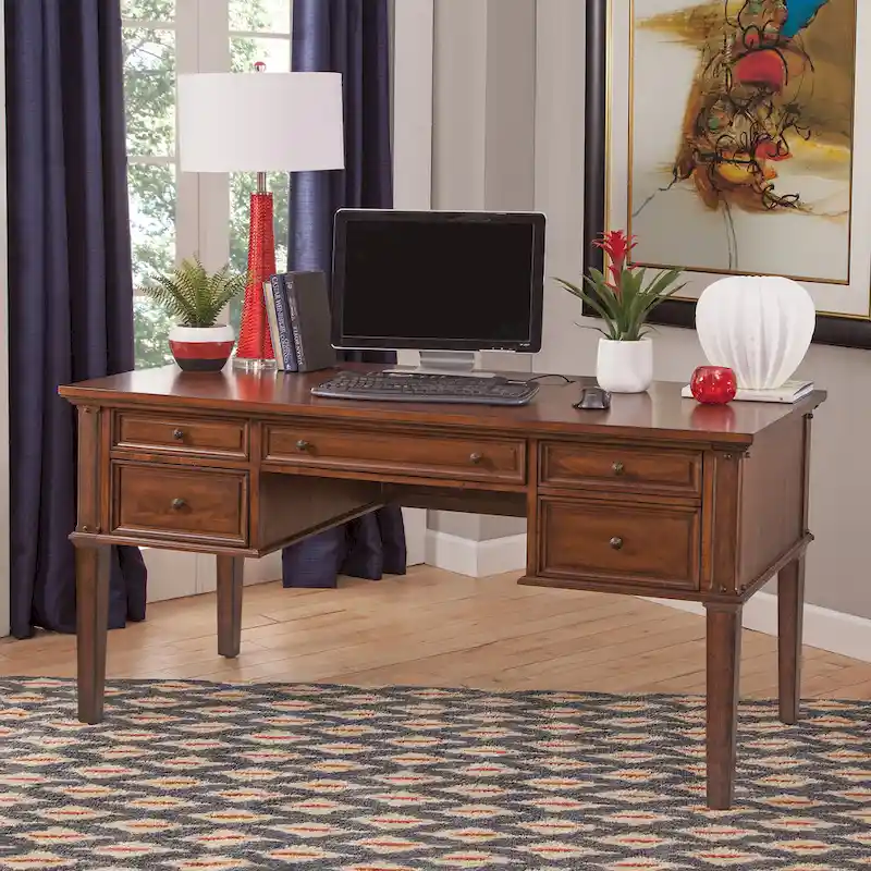 60-Inch Writing Desk, Vintage Style, 4 Drawers, File Drawer, 2 USB Ports & Outlets, Rubberwood & Mango Veneer, Cinnamon Cherry / Antique White, 1-Person Use